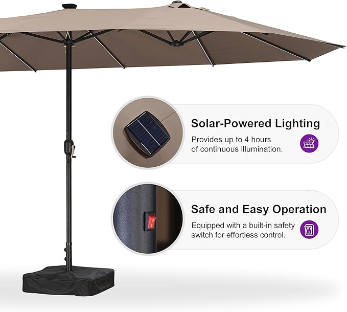 PURPLE LEAF 13ft Patio Market Umbrella with Solar LED and Base Double-Sided Rectangle Outdoor Table Sun Umbrellas with Crank for Pool Beach Deck Backyard Taupe