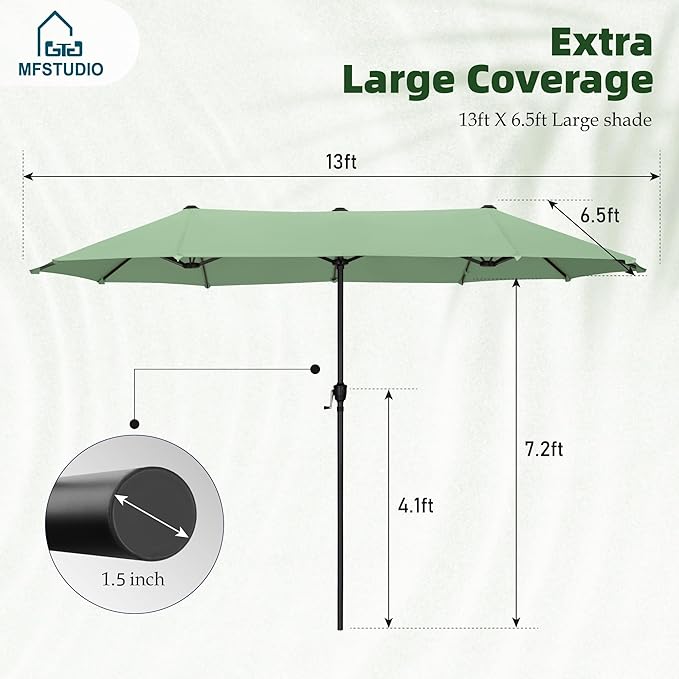 MFSTUDIO 13ft Outdoor Patio Umbrella, Double Sided Large Rectangular Umbrella Market Table Twin Triple Rectangle Umbrellas with Crank Handle for Outside Picnic Backyard Deck Pool (no base)