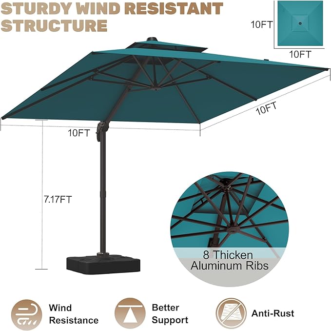 10x10Ft Patio Umbrella Outdoor Cantilever Rectangle Umbrella with Base Included, 6-Level Tilt & 360° Rotation Offset Umbrella for Garden, Deck, Pool(Turquoise)