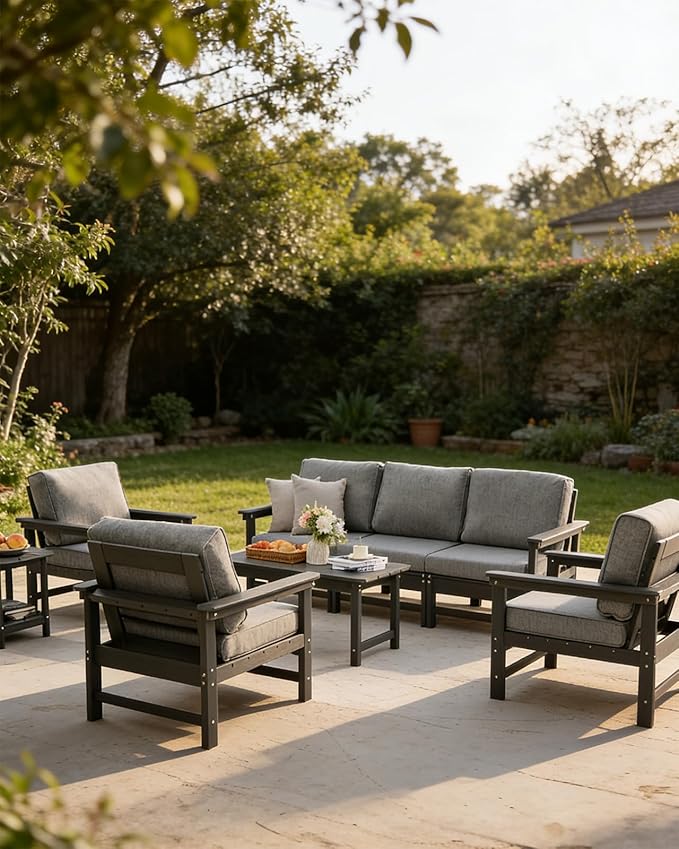 HDPE Outdoor Patio Furniture Set with Cushions, X Piece Patio Conversation Set Sofa Set, All Weather Outdoor Couch Set (Grey Frame/Grey Cushion, 8-Piece Set w/1+3+1+1+Coffee & Side Table)