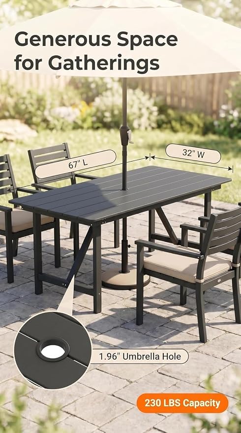 Amopatio HDPE Patio Outdoor Dining Table for 6 All Weather Rectangular Table with Umbrella Hole for Porch Deck Garden Backyard Poolside