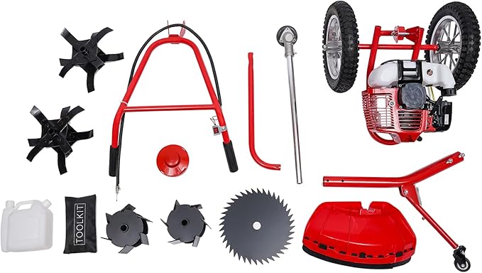 49CC Hand Push Weed Wacker, 2 Stroke Gas Powered Lawn Mower with Wheels, 1.8Kw 7000Rpm Behind Push Grass Trimmer, Brush Cutter for Lawn, Garden, Hills, Plains & Orchards