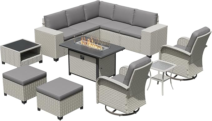 12-Piece Outdoor Patio Furniture Set with Fire Pit, Modular Sectional Sofa Set with Swivel Rocker Chairs & Ottomans, Wicker Outdoor Couch Conversation Sets w/Coffee Table and Cushions, Gray