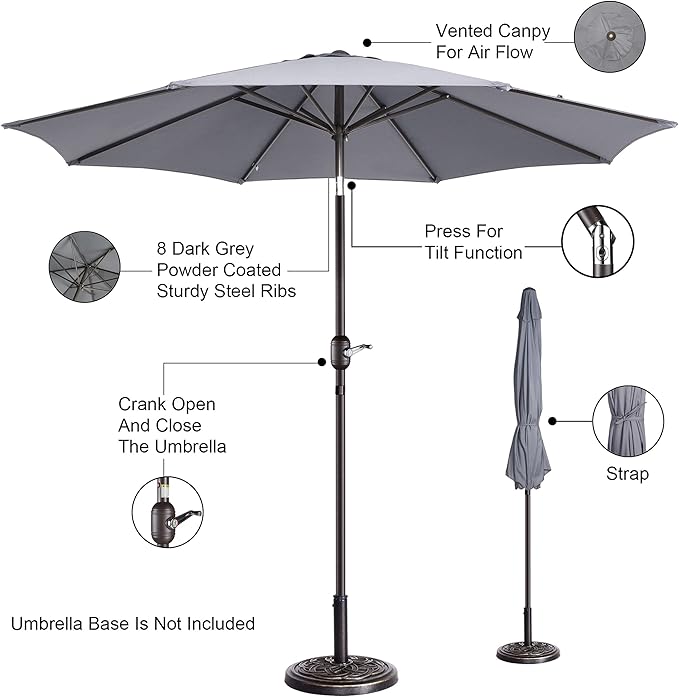 Pure Garden 9' Outdoor Patio Umbrella with 8 Ribs, Aluminum Pole and Push Button Tilt, Fade Resistant Market Umbrella (Gray)