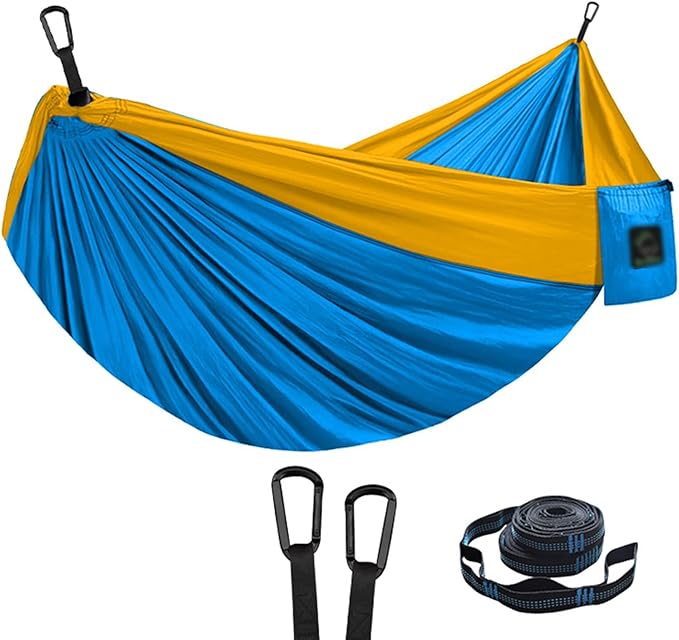 Camping Hammock, Portable Hammock Single or Double Hammock Camping Accessories for Outdoor, Indoor (Two People: 300cm*200cm,Light Blue + Golden)
