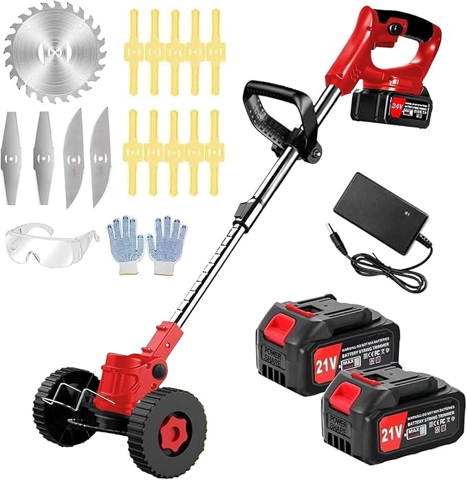 Electric Weed Wacker Cordless with Wheels, 2pcs Batteries&4 Types Blades,Lightweight, Low Noise Weed Trimmer 21V stringless Weed Wacker, Grass Trimmer/Brush Cutter/Edger, for Thick Weeds&Yard Garden