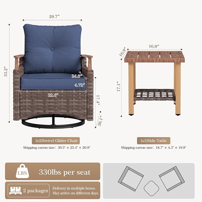 NestNook 3 Pieces Patio Furniture Set, Outdoor Bistro Set, 2 Swivel Glider Chairs with Modern Side Table, All-Weather Handwoven PE Wicker Seating and Thick Cushion for Balcony, Bistro & Porch, Blue