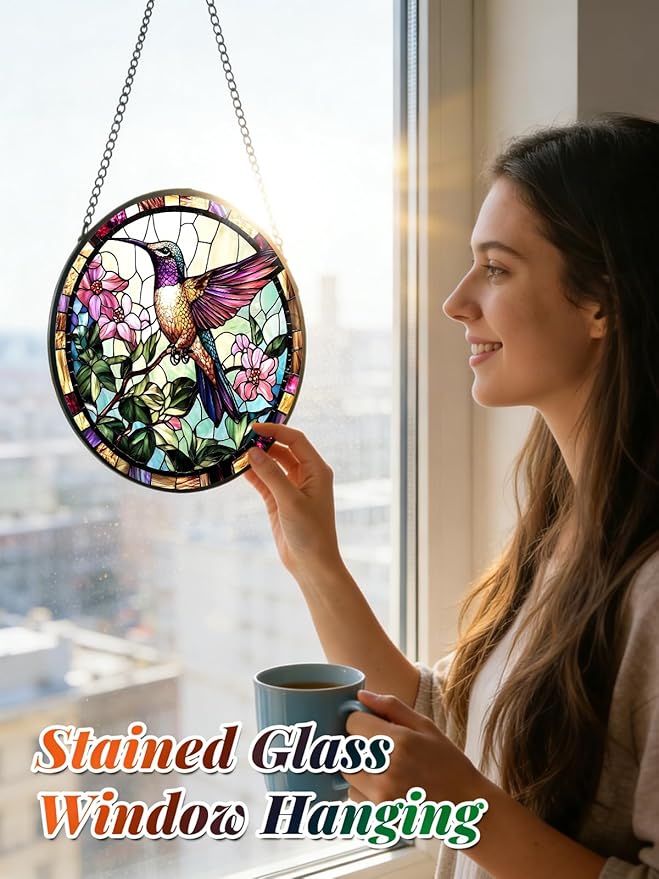 Hummingbird Stained Glass Suncatcher Window Hanging Flowers Gifts for Mom | 7.8in Garden Sun Catcher, Bird Pink Flowers Ornament for Door Home, Gift for Bird Lovers Grandma & Mother's Day Christmas