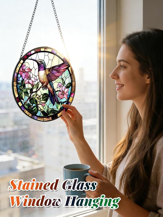 Hummingbird Stained Glass Suncatcher Window Hanging Flowers Gifts for Mom | 9.8in Garden Sun Catcher, Bird Pink Flowers Ornament for Door Home, Gift for Bird Lovers Grandma & Mother's Day Christmas