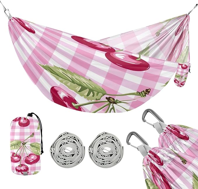 Qilmy Cherries Pink Camping Hammock Single – 330 lbs Capacity, Lightweight with Tree Straps & Carabiners, Portable for Hiking, Travel, Backpacking