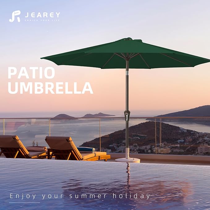 JEAREY 10FT Outdoor Patio Umbrella Outdoor Table Umbrella with Push Button Tilt and Crank, Market Umbrella 8 Sturdy Ribs UV Protection Waterproof for Pool, Garden (Dark Green)