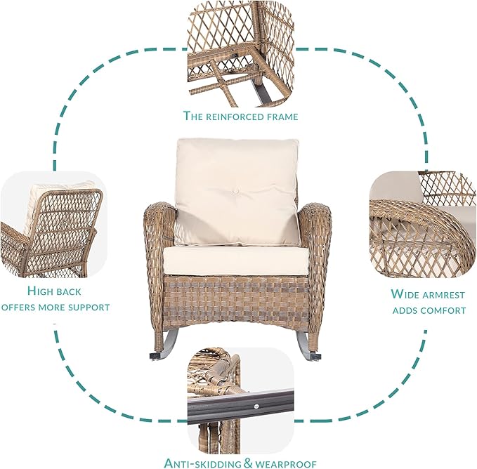MEETWARM 5-Piece Outdoor Wicker Patio Conversation Set With Glider Loveseat, 2 Chairs, 2 Glass-Top Coffee Tables, Thickened Cushions - Beige