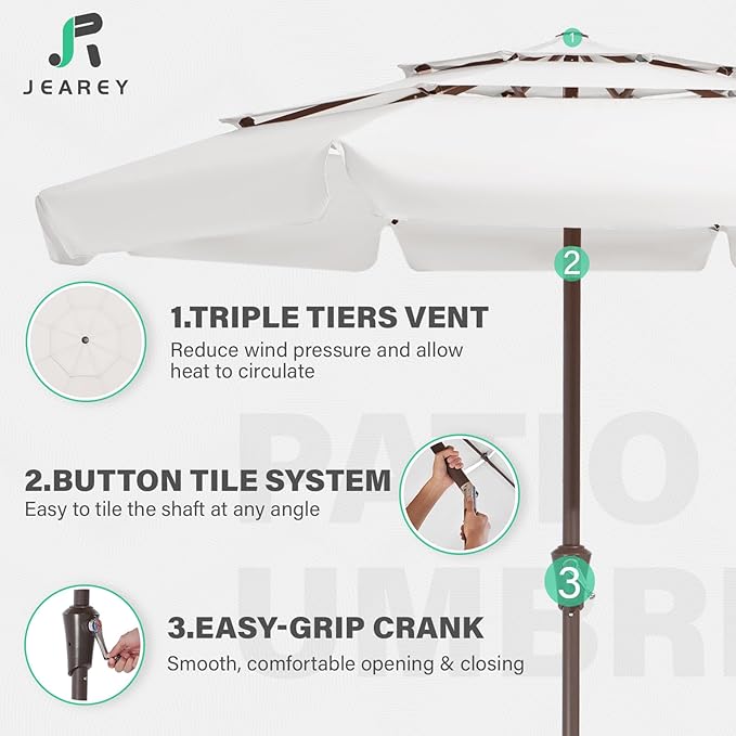 JEAREY 3 Tiers 9 FT Patio Umbrellas Outdoor Table Umbrella with Push Button Market Umbrella 8 Sturdy Ribs UV Protection Waterproof for Garden,Off-white