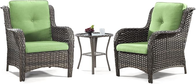 Wicker Chair Set 3-Piece Wicker Outdoor Furniture Conversational Sets with Two Armchairs & One Rattan Side Table, Olefin Cushions Included, Green