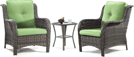 Wicker Chair Set 3-Piece Wicker Outdoor Furniture Conversational Sets with Two Armchairs & One Rattan Side Table, Olefin Cushions Included, Green