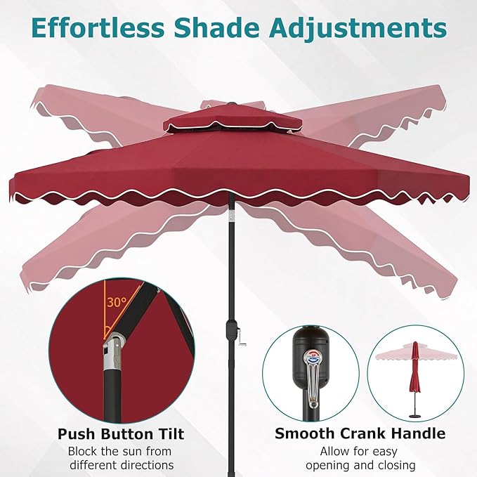 Happygrill 9 FT Patio Umbrella, Scalloped Outdoor Table Market Umbrella with Push Button Tilt & Crank, 2-Tier Vented Top, Heavy-Duty 8 Metal Ribs, Sun-Protective Canopy, Ruffle for Deck Pool Garden (Red)