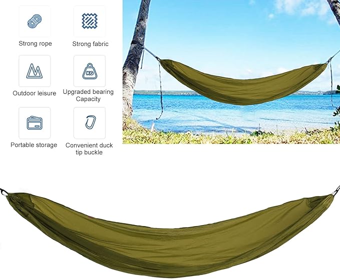 Portable Parachute Camping Hammock, Lightweight Outdoor Hammock with Aluminum Snap Hooks and Storage Bag for Hiking, Travel, and Picnics, 200kg Load Capacity (OD Green)