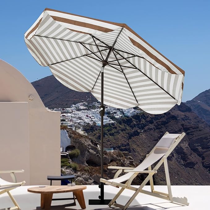 Tempera 9ft Auto Tilt Scalloped Patio Umbrellas Outdoor Table Umbrellas with Fade Resistant Canopy, 8 Sturdy Rids, Luxurious Vintage Umbrellas for Lawn, Pool, Deck, Balcony