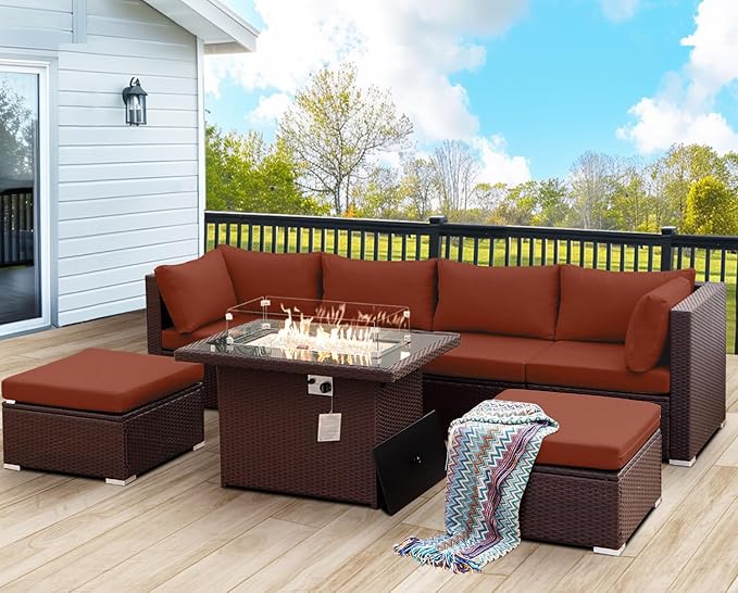 NICESOUL 7 Piece Outdoor Sofa Sectional with Firepit Natural Gas & Propane, Extra Large Patio Furniture Set for Heavy People, Deep Modular Wicker Conversation Sitting, Brown Rattan and Red Cushion