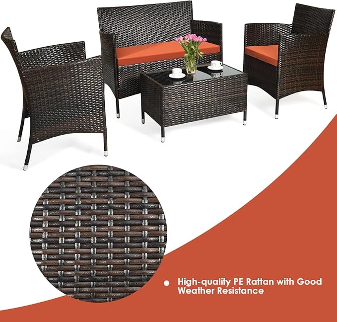 8 Pieces Patio Sofa Set, Wicker Conversation Set with Ergonomic Curved Backrest, Water-Resistant Cushion & Tempered Glass Table for Balcony, Porch (Orange)