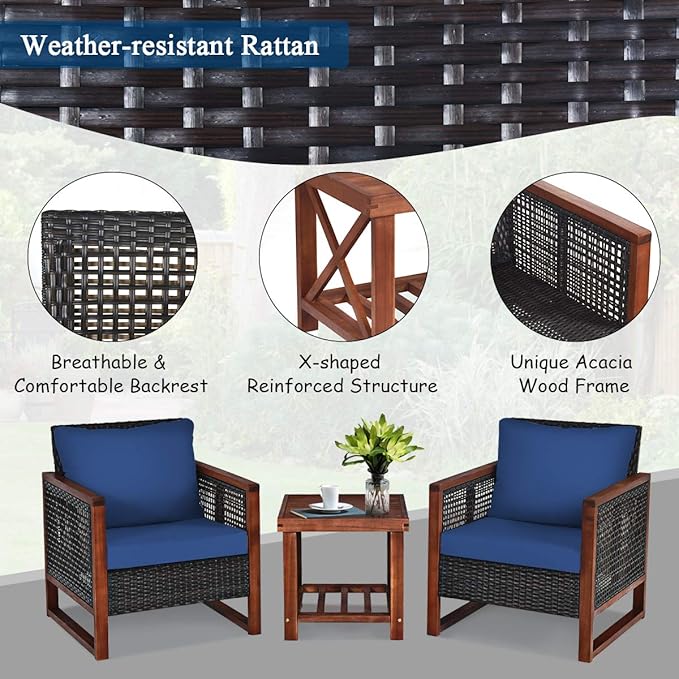 Tangkula 3 Pieces Patio Wicker Furniture Set, Rattan Outdoor Sofa Set w/Washable Cushion & Acacia Wood Coffee Table, Conversation Bistro Set for Garden Balcony Backyard (Blue)