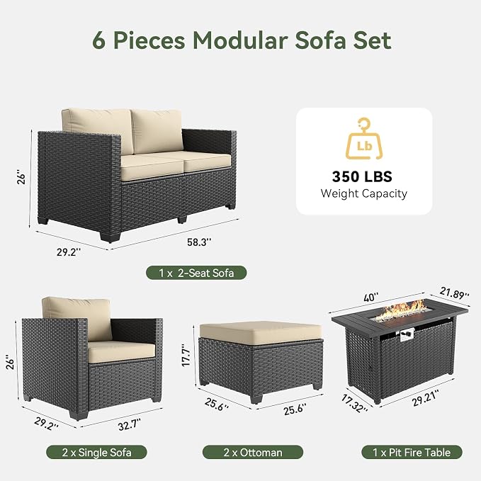 Aoxun Patio Furniture Set with Fire Pit Table, 6 Seats Outdoor Furniture Set with Wicker Ottomans, Rattan Outdoor Sectional Sofas with Thickened Cushion & Waterproof Cover Beige