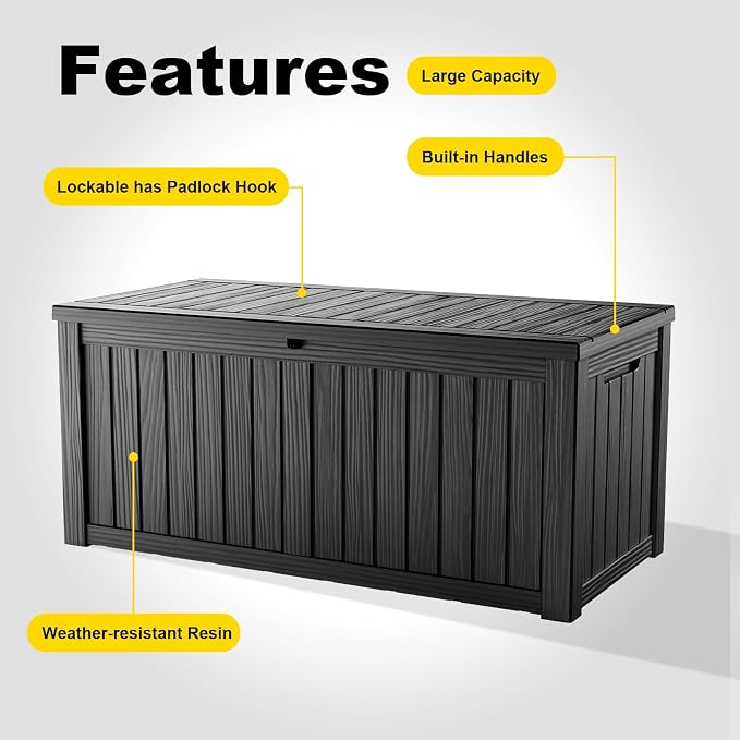150 Gallon Waterproof Outdoor Storage Box, UV Resistant Resin Deck Box with Hydraulic Rod for Reinforced Stability, Perfect for Patio, Garden, and Pool, Striped Black