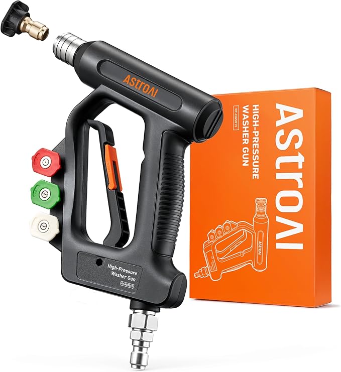 AstroAI Short Pressure Washer Gun with Swivel, Power Washer Gun with 3/8" Quick Connect Inlet & 1/4" Outlet, 4060 PSI, with 4 Nozzles, Ergonomic Comfort Grips, Compatible with Foam Cannon for Car Wash