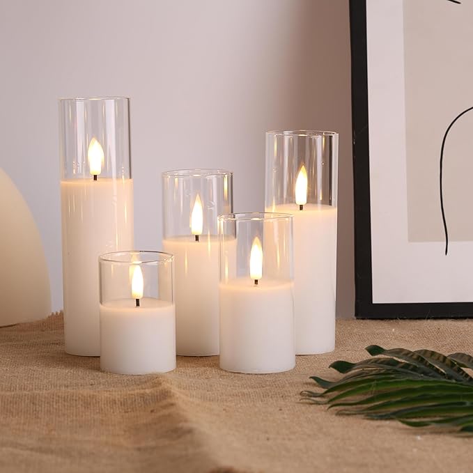 Eywamage Clear Glass Flameless Candles with Remote Batteries, Slim Tall LED Pillar Candles Battery Powered, Set of 5