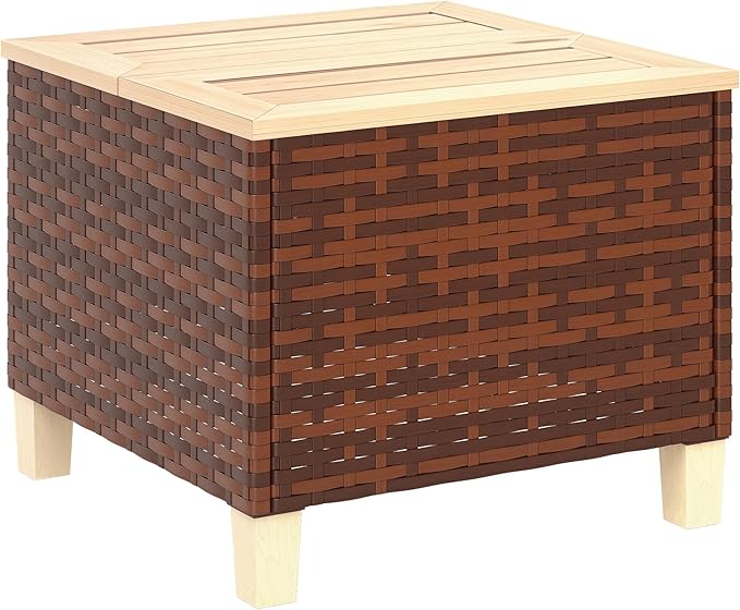Outsunny Outdoor Side Table with PE Rattan, Patio End Table with Natural Fir Wood Tabletop and Legs, Weather Resistant Accent Table for Patio Pool Porch, Brown