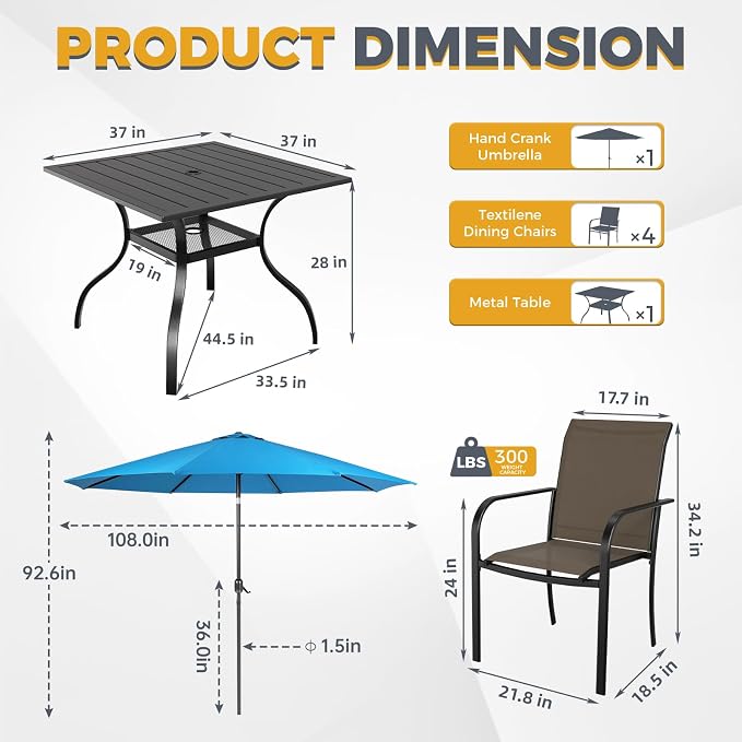 Incbruce 6 Pieces Patio Dining Set with Sky Blue Umbrella, Outdoor Dining Set of 4 Textilene Chairs and Square Table with Umbrella Hole for Backyard, Garden, and Poolside (Brown)