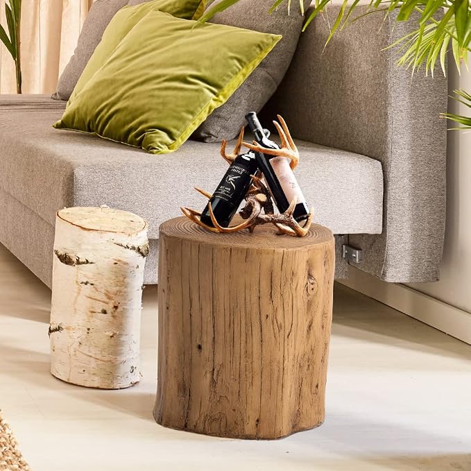 SUNBURY 15" W Outdoor Side Table Set of 2, Concrete Side Table Stump Stool Outdoor Accent Table, Light Brown Garden Stool for Patio, Outdoor End Stump