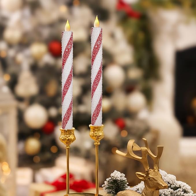 Christmas Flickering Flameless Taper Candles - 6PCS Glitter Candy Cane Red and White Stripes Sea Salt Real Wax Battery Operated Candles For Christmas Party Wedding Winter Home Decoration Xmas Decor