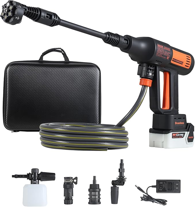 VEVOR Cordless Pressure Washer, 1200PSI MAX Portable Pressure Washer with Brushless Motor, 6-in-1 Nozzle & Water Hose, 4 Speed Adjustable, Battery Powered Handheld Power Cleaner for Home Garden Patio