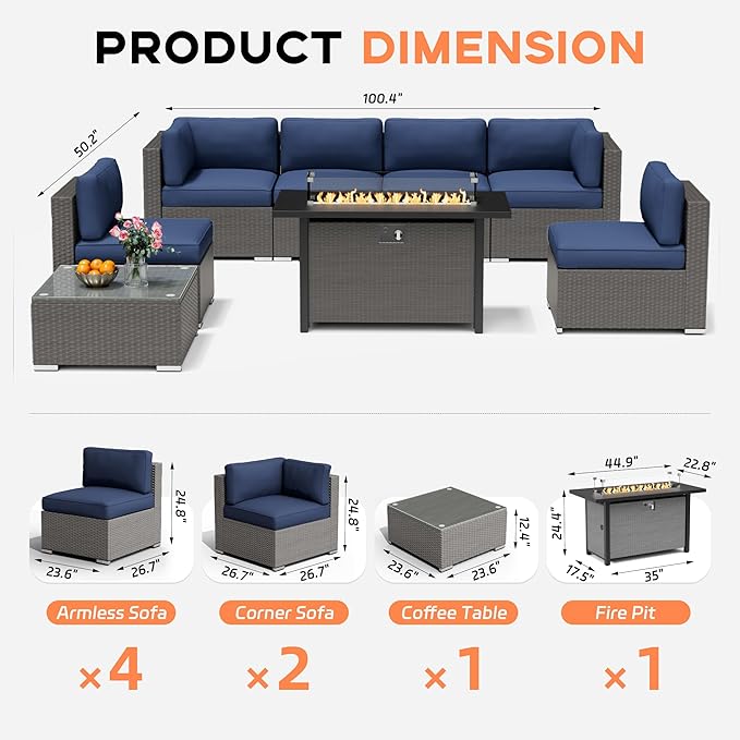 Oakcloud 8-Piece Outdoor Patio Furniture Sofa Set with 45” Propane Gas Fire Pit Table, Grey Rattan Wicker Sectional Conversation Sets with Glass Top Tables and Cushions(Dark Blue, w/Fire Pit Table)