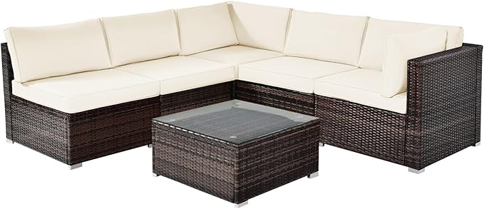 COSTWAY 6-Piece Outdoor Patio Furniture Set, Rattan Sectional Sofa Set with Tempered Glass Coffee Table and Cushions for Garden, Deck, Backyard (White)