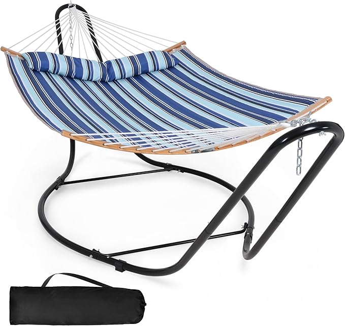 SUNCREAT Hammocks Outdoor Portable Hammock with Stand, 475 lbs Capacity, Heavy Duty Double Hammock with Stand Included, Patent Pending, Blue Stripes