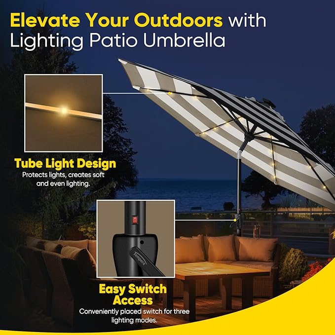 Tempera Solar Patio Umbrella 40 LED Lighted Outdoor Umbrella Table Market Umbrella with Push Button Tilt and Crank, Solar Umbrella with Sturdy Pole&Fade Resistant Canopy, Easy to Set