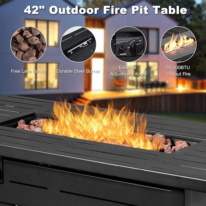 Tangkula 9 Pieces Patio Rattan Furniture Set, Patiojoy Sectional Sofa Set w/Fire Pit Table, Storage Box, Coffee Table, Outdoor Wicker Conversation Set w/ 42” ETL Approved Propane Fire Pit Table (Red)