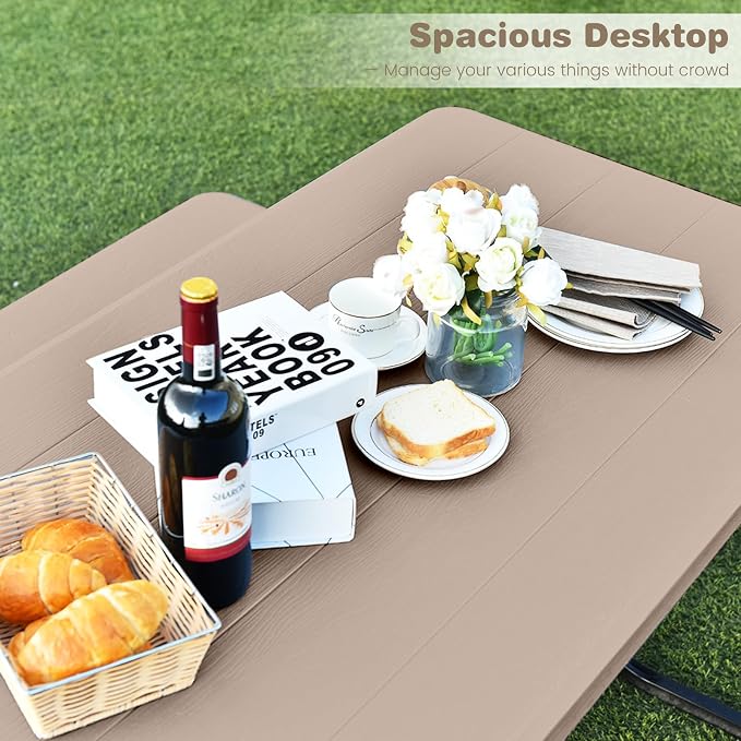 DORTALA Plastic Picnic Table for Outdoors, All Weather Faux Wood Patio Picnic Table Set with Benches for Outdoor, Cafeteria and Commercial, Brown