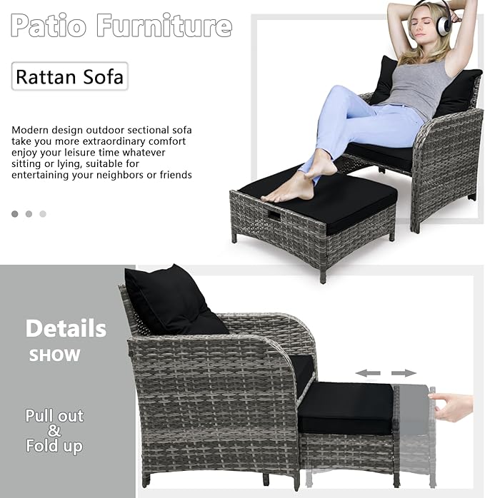 5 Pieces Wicker Outdoor Patio Chairs with Ottoman, PE Wicker Rattan Patio Conversation Furniture Set with Underneath Footrest, Wicker Outdoor Patio Chairs and Ottoman Set with Table, Black