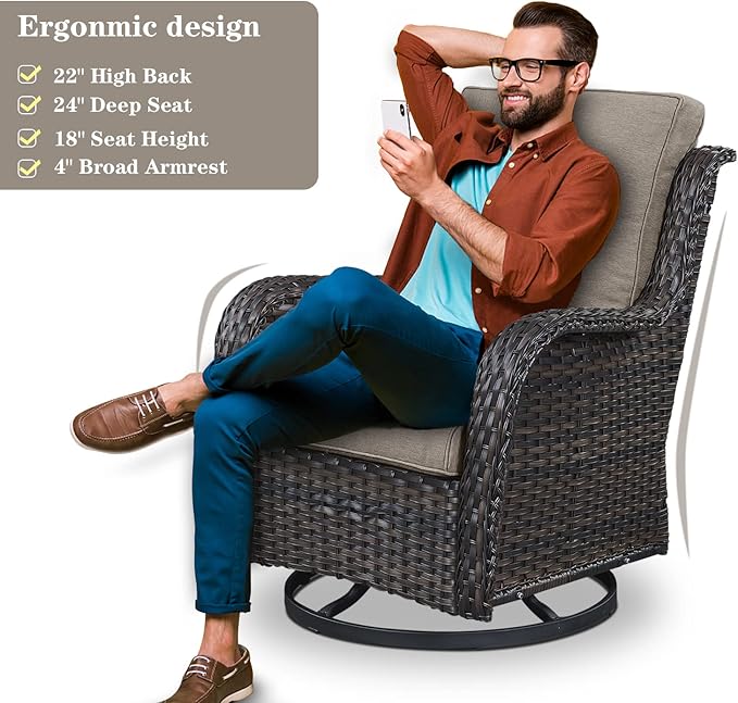 Belord Wicker Patio Furniture Sets - 8 Piece Rattan Outdoor Furniture Conversation Sets with 4 Swivel Rocker Chairs, Rattan Sofa, Wicker Ottomans and Coffee Table, Brown/Grey