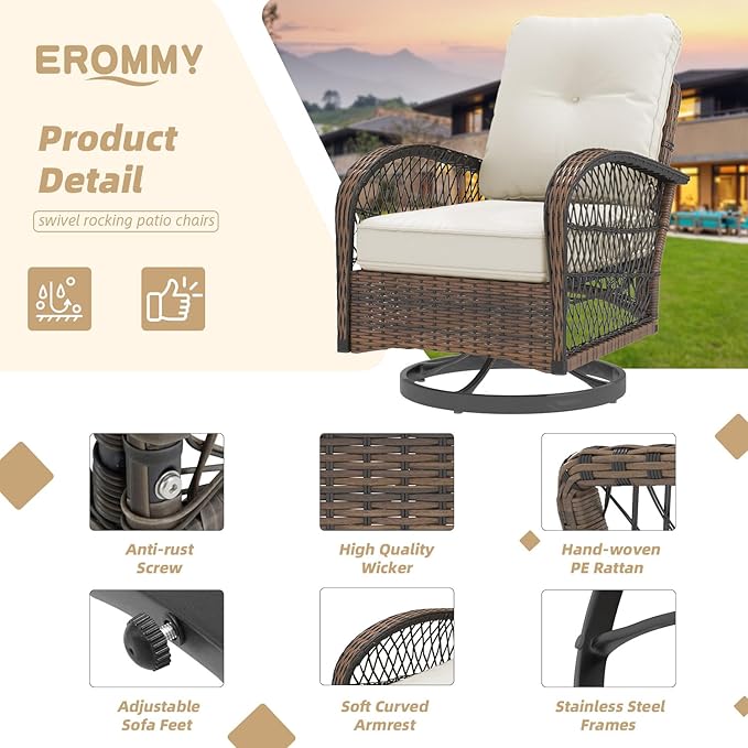 EROMMY 3 Pieces Patio Furniture Set, Outdoor Swivel Rocker Patio Chairs, Wicker Patio Bistro Set with Rocking Chair, Thickened Cushions and Glass Coffee Table for Backyard, Garden, Beige