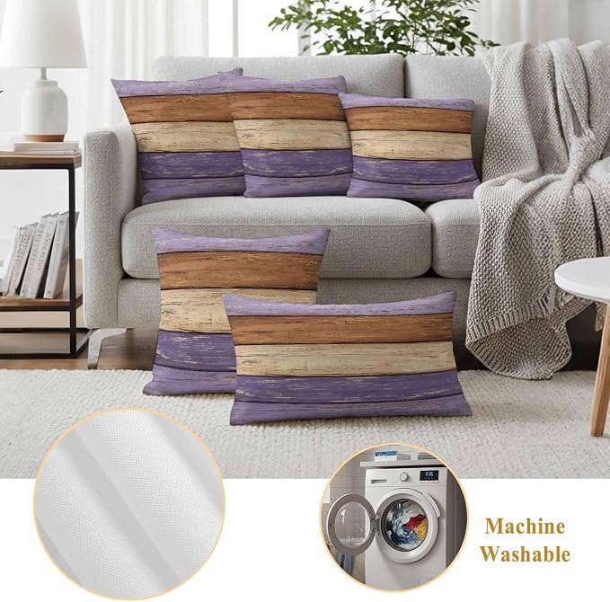 Farmhouse Purple Brown Outdoor Waterproof Pillow Covers, Vintage Wooden Striped Decorative Rectangle Throw Pillowcase Sofa Cushion Sham for Patio/Couch/Chair, 20"x12" 2 Pack