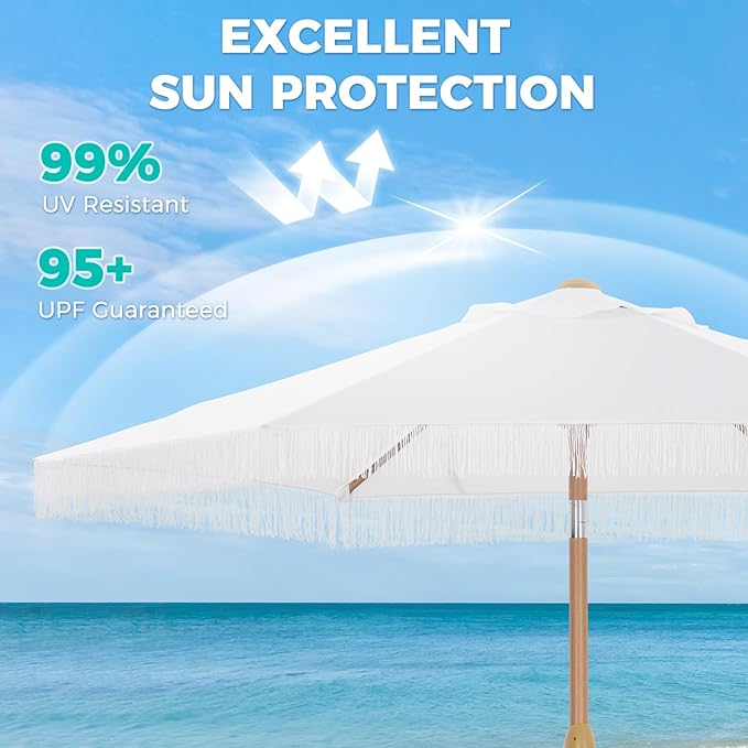 7.5ft Fringe Umbrella,Outdoor Market Umbrella with Push Button Tilt and Crack for Garden, Pool, Deck, Bistro,White
