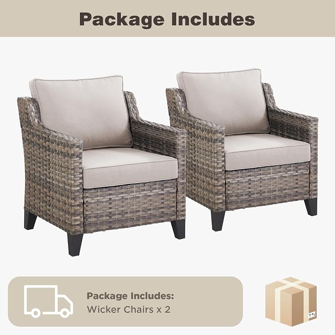 Belord Patio Chairs Set of 2, Outdoor Wicker Chairs for Deck Porch Garden, 2 Piece Luxury Patio Furniture Set, Beige