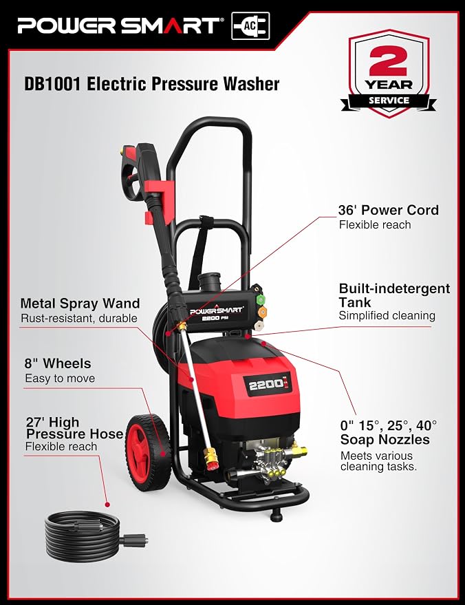 PowerSmart Electric Pressure Washer - 2200 PSI Max 1.2 GPM Power Washer with Wheels, Onboard Soap Tank, 5 Nozzles Set& Metal Wand - Professional High Pressure Cleaner for Cars, Driveways & Patios