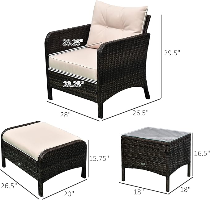 Outsunny 5 Pieces Rattan Wicker Lounge Chair Outdoor Patio Conversation Set with 2 Cushioned Chairs, 2 Ottomans and Tempered Glass Top Coffee Table, Brown/Beige