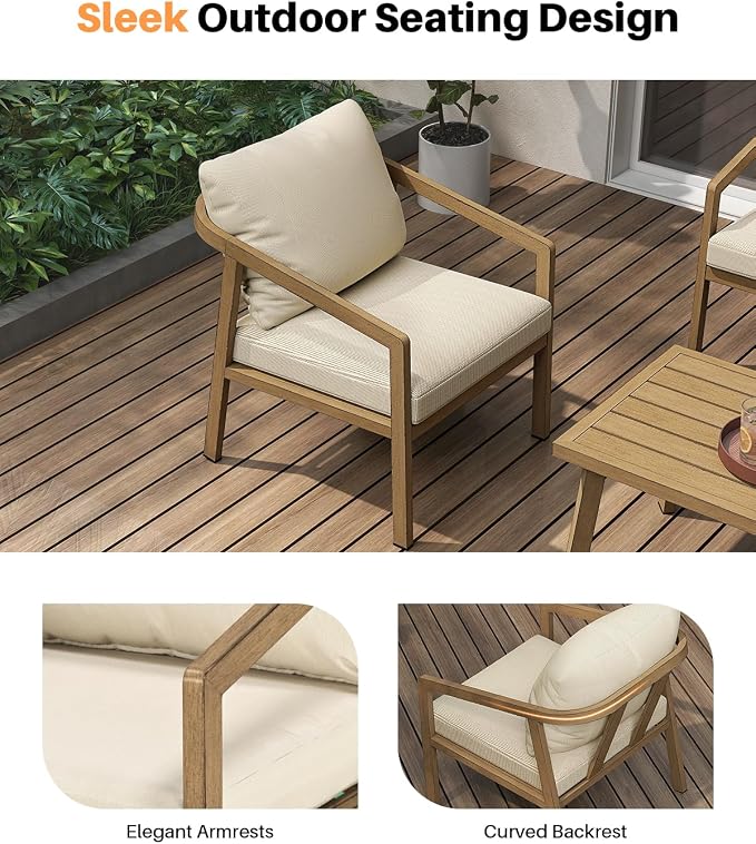 Teak Patio Sofa Chairs Set of 2, Never-Rust Aluminum Outdoor Armchair with Removable Cushions, All Weather 2 Pieces Outdoor Club Chairs, Outdoor Sofa Chairs for Garden, Porch, Balcony