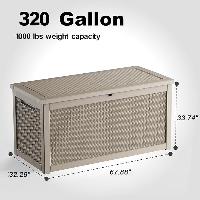 Large Outdoor Storage Box Waterproof, UV Resistant Resin Deck Box for Patio Furniture,Garden Tools,Cushions (Grey, 320 Gallon)